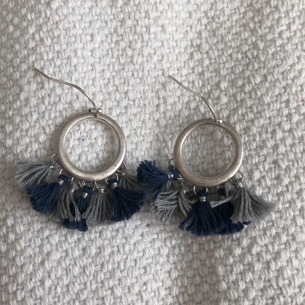 Silver w blue and grey tassel earrings